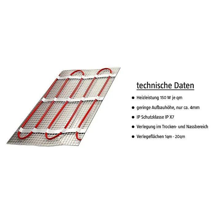 Fußbodenheizung E-Power Comfort - Beheizbare Fläche: 2 m², 150 W - Bild einer elektrischen Fußbodenheizung mit technischen Daten wie Heizleistung und IP-Schutzklasse.