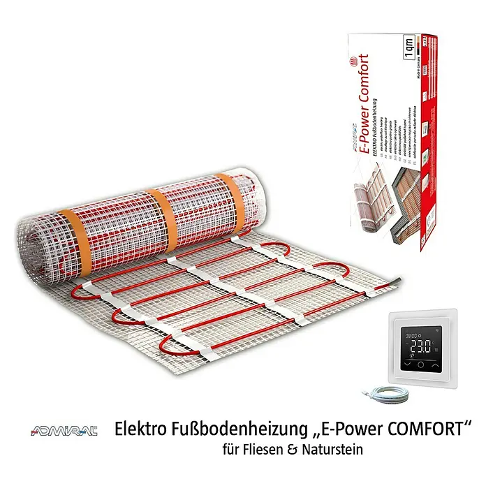 Fußbodenheizung E-Power Comfort - Beheizbare Fläche: 2 m², 150 W - Bild einer elektrischen Fußbodenheizung „E-Power COMFORT" mit Thermostat und Verpackung.