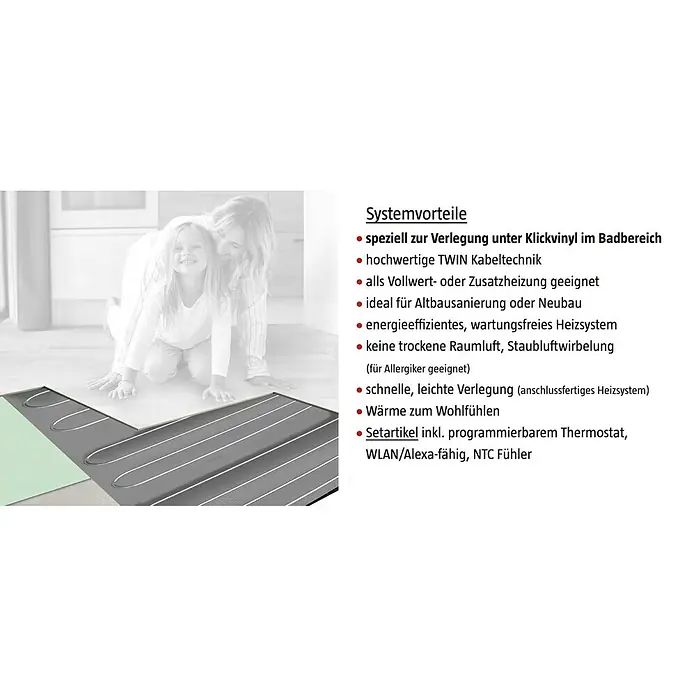 Jollytherm Fußbodenheizung Top-Therm Select Set Premium - 20 x 55 cm, Beheizbare Fläche: 5 m², 400 W - Das Bild zeigt eine elektrische Fußbodenheizung, die sich ideal zur Verlegung unter Klickvinyl eignet. Wärmer Boden, Komfort im Haus.