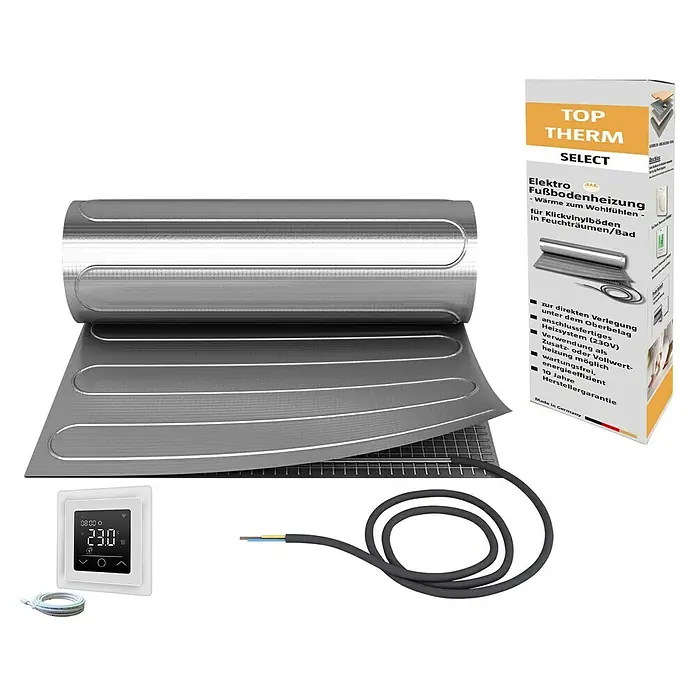 Jollytherm Fußbodenheizung Top-Therm Select Set Premium - 20 x 55 cm, Beheizbare Fläche: 5 m², 400 W - Das Bild zeigt eine elektrische Fußbodenheizung von Top Therm Select, ideal für Feuchträume. Inklusive Steuerung und Anschlusskabel.