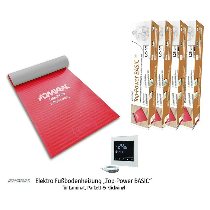 Admiral Fußbodenheizung Top-Power Basic Set Comfort - 44 x 55 cm, Beheizbare Fläche: 5 m², 400 W - Abbildung des Admiral Top-Power BASIC Elektro Fußbodenheizungssystems, geeignet für Laminat, Parkett & Klickvinyl.
