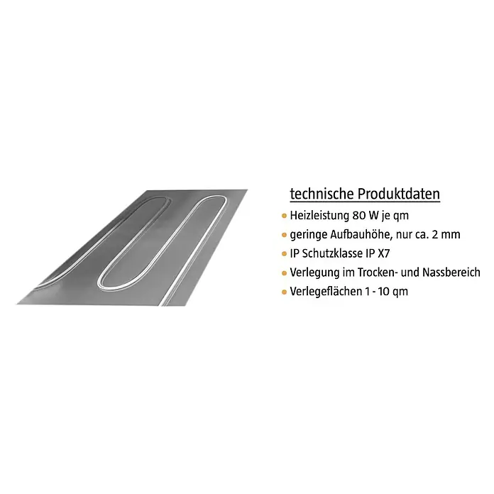 Jollytherm Fußbodenheizung Top-Therm Select Set Premium - 20 x 55 cm, Beheizbare Fläche: 5 m², 400 W - Bild einer Heizmatte mit technischen Produktdaten wie Heizleistung und Schutzklasse.