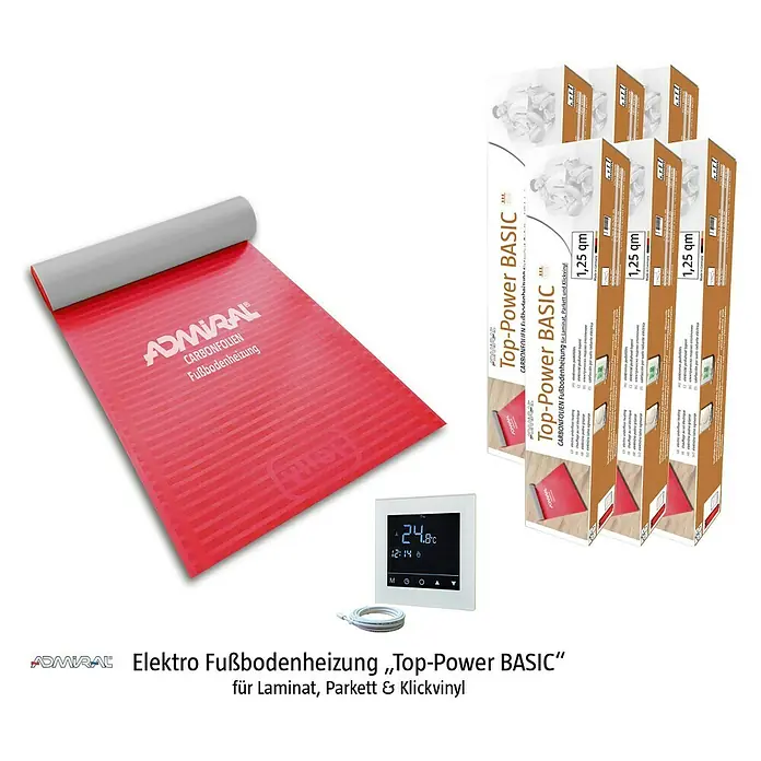 Admiral Fußbodenheizung Top-Power Basic Set Comfort - 66 x 55 cm, Beheizbare Fläche: 7,5 m², 600 W - Produktbild der Admiral Elektro Fußbodenheizung „Top-Power BASIC“ für Laminat, Parkett & Klickvinyl, inklusive Thermostat und Produktverpackung.