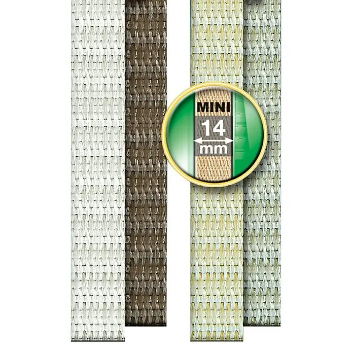 Schellenberg Cinta para persiana - Marrón, Largo: 4,5 m, Anchura de la correa: 14 mm - Primer plano de varias cintas de mini persianas en diferentes colores, con una etiqueta de 14 mm que marca el ancho.