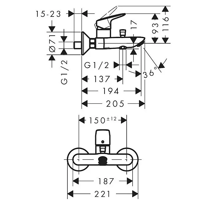 Hansgrohe Logis Grifo monomando de bañera - Profundidad del grifo: 194 mm, Cromo, Brillante - Dibujo técnico de un mezclador de ducha con dimensiones y conexiones G1/2.