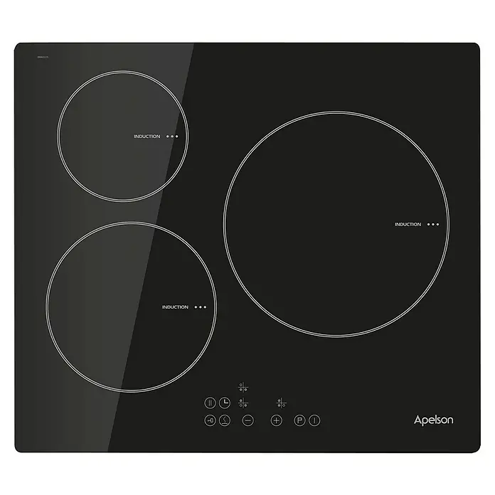 Apelson Set de horno y zona de cocción AMM 5001 X - Volumen horno: 73 l, Número de zonas de temperatura: 3 ud., Negro/Acero inoxidable - Imagen del producto de una placa de inducción Apelson negra con tres zonas de cocción y panel de control táctil.