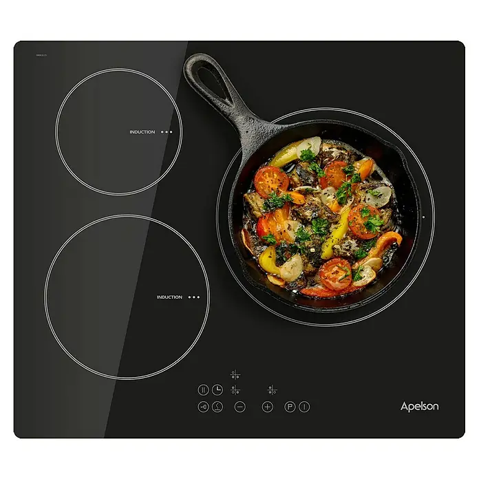 Apelson Placa de cocción AIT 3602 - L x An: 52 x 59 cm, Número de fogones de inducción: 3 ud. - Una elegante placa de inducción Apelson con dos zonas de cocción y una sartén llena de comida deliciosa.