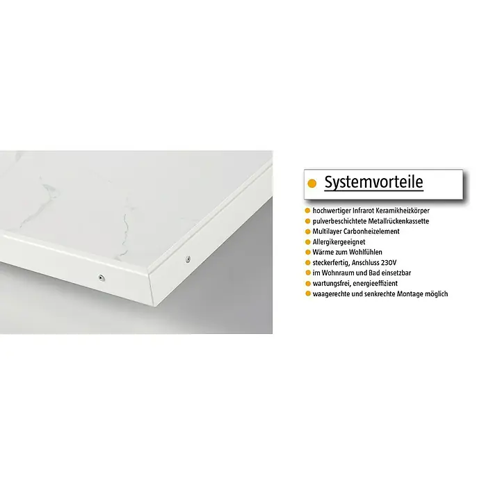 Infrarot-Keramikheizkörper - 60 x 120 cm, 1.200 W, Rostoptik - Nahaufnahme einer Infrarotheizung mit Marmorstruktur und weißem Rahmen, daneben eine Liste der Systemvorteile.