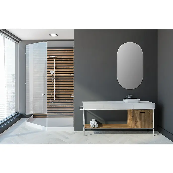 DSK Wandspiegel Picasso - 50 x 90 cm, Schwarz - Elegantes Badezimmer mit moderner Dusche und Waschtisch. Der ovale Spiegel und die Holzdetails verleihen dem Raum eine stilvolle Note.