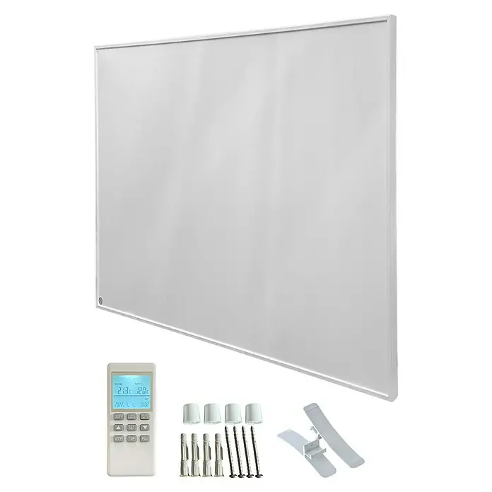 Infrarotheizkörper - 90 x 60 cm, 600 W, Weiß - Das Bild zeigt eine weiße Infrarotheizung mit Zubehör wie Fernbedienung, Dübeln und Schrauben, ideal für eine angenehme Wärme.