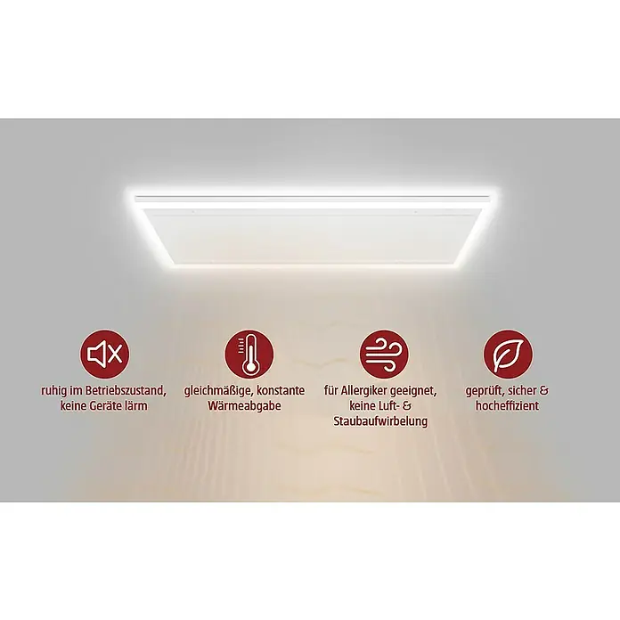 Jollytherm Infrarotheizkörper - B x H: 63 x 128 cm, 880 W, Weiß - Produktabbildung: Die Deckenheizung überzeugt mit leisem Betrieb, gleichmäßiger Wärmeabgabe, Allergiker-Eignung und hoher Effizienz.