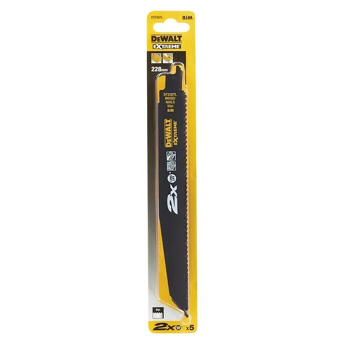 DeWalt Hoja de sierra de sable DT2307L-QZ - Madera gruesa, 5 pzs., Largo: 228 mm - La hoja de sierra recíproca DeWalt DT2307L en blister amarillo es adecuada para madera y clavos y promete el doble de vida con 6 dientes por pulgada.