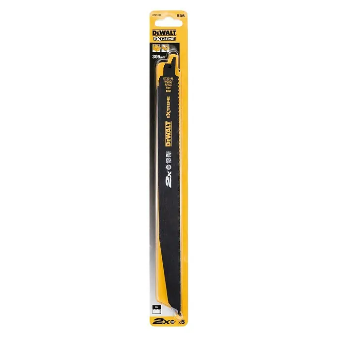 DeWalt Hoja de sierra de sable DT2314L-QZ - Madera gruesa, 5 pzs., Largo: 305 mm - Se muestra una hoja de sierra recíproca DeWalt Extreme, de 305 mm de largo, diseñada para madera y clavos, en un embalaje amarillo.
