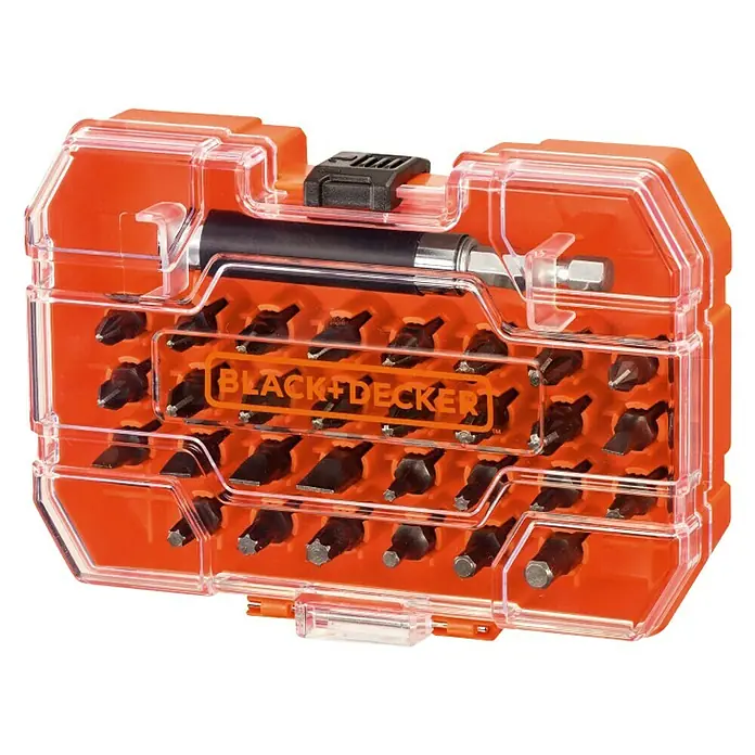 Black+Decker Set de puntas A7228-XJ - 31 pzs. - Juego de puntas de destornillador Black+Decker en caja naranja con tapa transparente y portapuntas para trabajos de reparación.