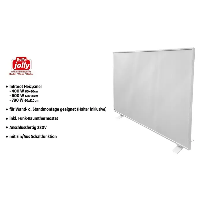 Infrarotheizkörper - 90 x 60 cm, 600 W, Weiß - Abbildung eines Infrarot-Heizpaneels von Bella Jolly, geeignet für Wand- oder Standmontage, mit Funk-Raumthermostat und Ein/Aus-Schaltfunktion.