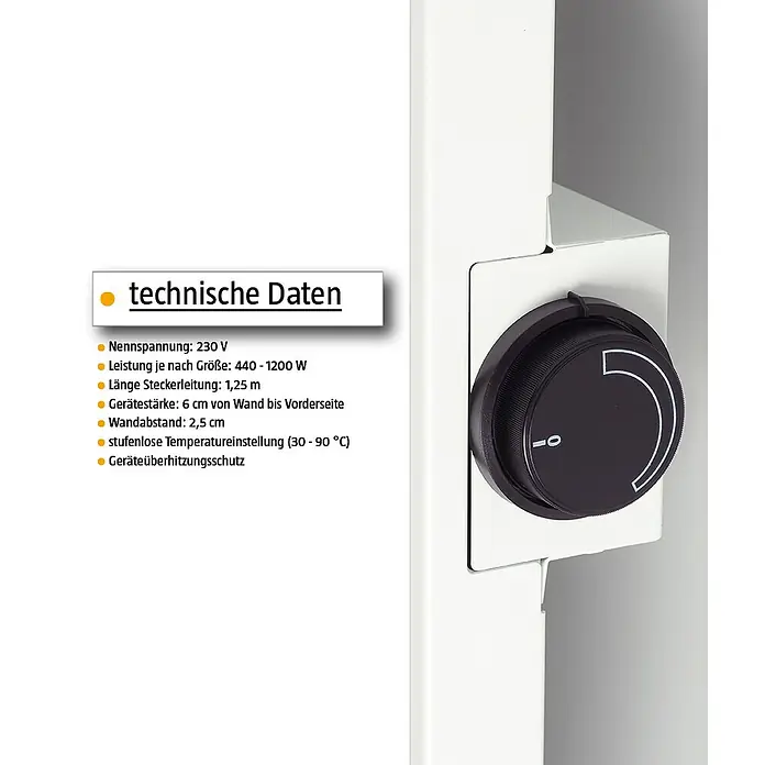 Infrarot-Keramikheizkörper - 60 x 120 cm, 1.200 W, Rostoptik - Detailansicht eines Heizkörpers mit technischen Daten wie Spannung und Leistungsaufnahme.