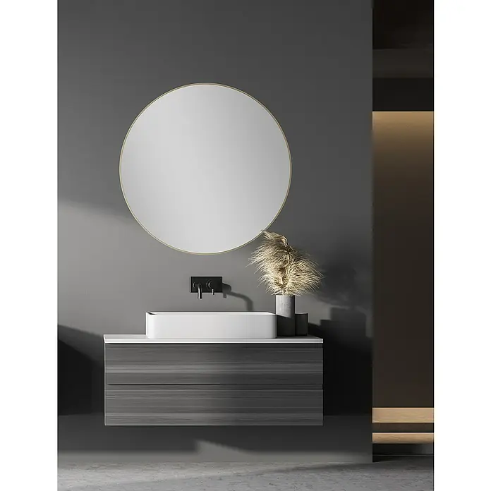 DSK Wandspiegel Picasso - Durchmesser: 80 cm, Gold - Modernes Badezimmer-Waschbecken mit rundem Spiegel und stilvoller Dekoration. Das dunkle Holzfurnier sorgt für eine edle Optik.