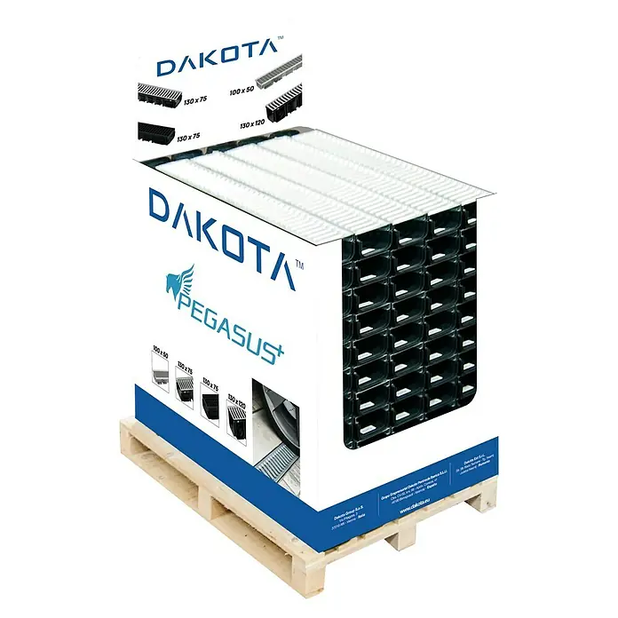 Dakota Canal de drenaje con rejilla galvanizada - 100 x 13 x 7,5 cm - Gama de productos de canaletas de drenaje Dakota Pegasus+ sobre un palet de madera, ideal para varias soluciones.
