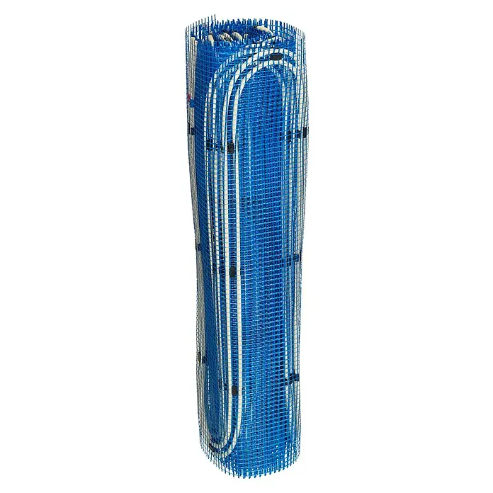 Wandheizung Basisset - Beheizbare Fläche: 2 m², 200 W - Nahaufnahme einer blauen elektrischen Fußbodenheizungsmatte, die zusammengerollt und bereit für die Installation ist.
