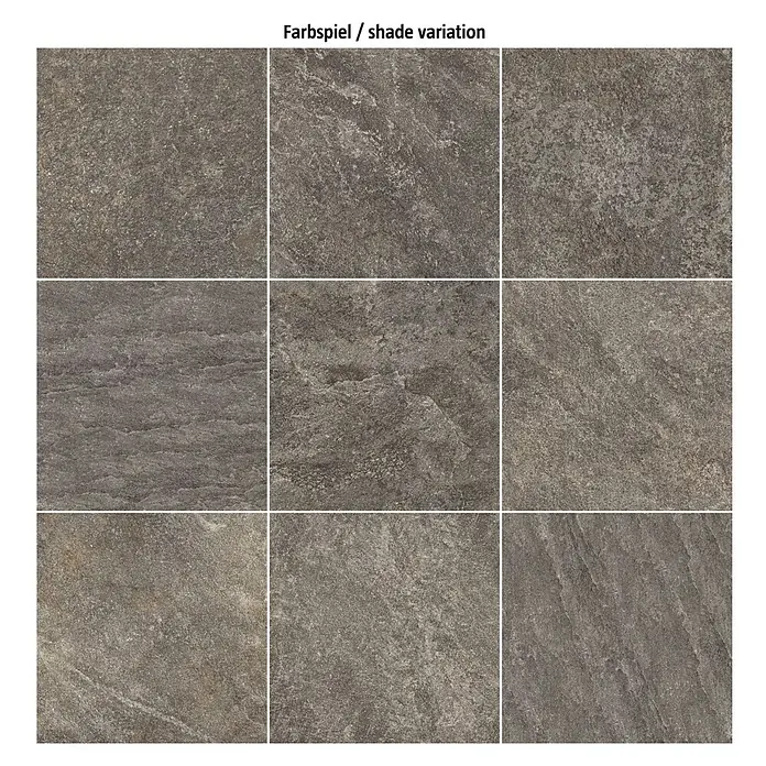 Terrassenfliese Click and Go Griechisch Quarzit - 60 x 60 cm, Anthrazit, Matt - Farbmuster von Feinsteinzeugfliesen in verschiedenen Grautönen, ideal für moderne Innenräume mit vielseitigen Gestaltungsmöglichkeiten.