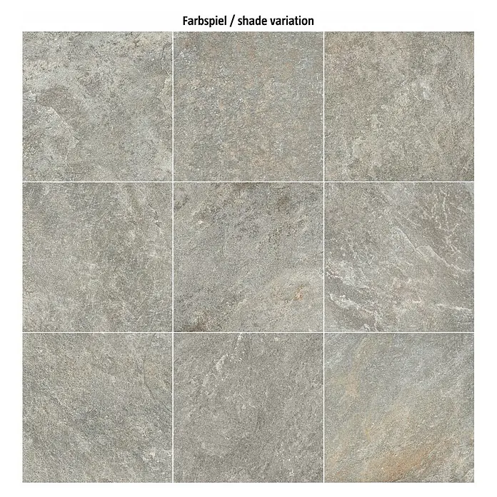 Terrassenfliese Click and Go Griechisch Quarzit - 60 x 60 cm, Grau, Matt - Farbmuster von Fliesen mit natürlicher Steinoptik in verschiedenen Grautönen und Texturen für ein authentisches Erscheinungsbild.