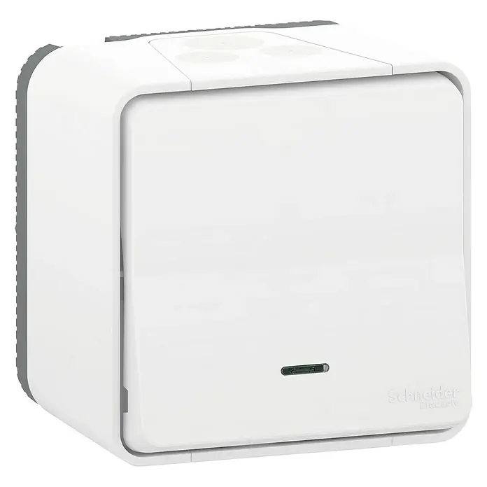Schneider Electric Mureva Styl Pulsador con LED - Blanco, Mate, Montaje en la pared, 10 A - Primer plano de un interruptor blanco de Schneider Electric, que muestra un diseño moderno y minimalista para controlar aparatos eléctricos.