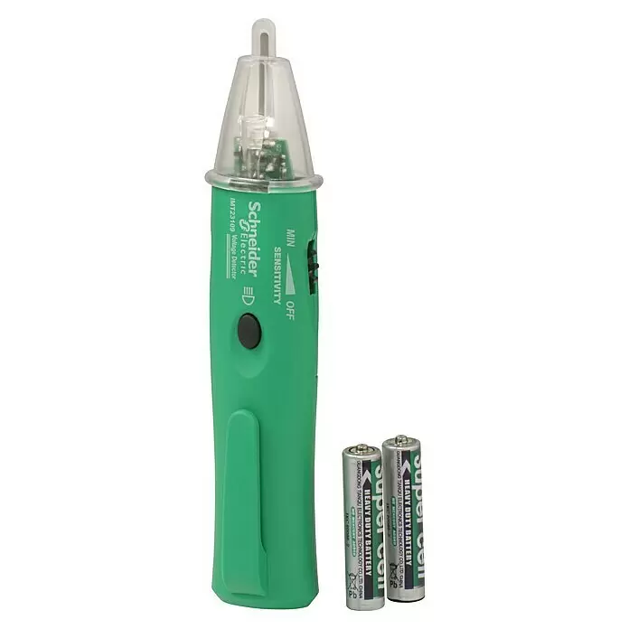 Thorsman Kontaktloser Spannungsprüfer IMT23209 - CAT IV 1.000 V, Batteriebetrieben - Grüner Schneider Electric Spannungsprüfer mit klarer Spitze, Sensibilitätsschalter und zwei Super Cell AA-Batterien.