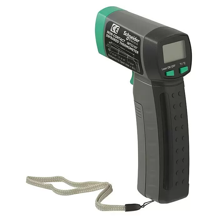 Thorsman Infrarot-Thermometer IMT23207 - Messbereich Temperatur: -20 °C - 520 °C - Berührungsloses Schneider Electric Infrarot-Thermometer in Grau und Schwarz mit grünen Akzenten, LCD-Anzeige und Handschlaufe.