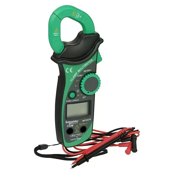Thorsman Digital-Stromzangen-Multimeter IMT23214 - Messkategorie: CAT III 600 V - Grün-schwarzes Schneider Electric Zangenmessgerät (IMT23214) mit Prüfleitungen.