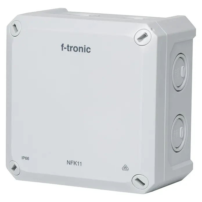 F-tronic Feuchtraum-Abzweigdose NFK11 - Grau, 11 mm x 11 cm x 6,7 cm, IP66 - Eine weiße f-tronic Verteilerdose NFK11, ideal für Elektroinstallationen im Innen- und Außenbereich mit IP66 Schutzart.