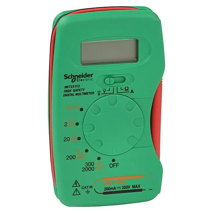 Thorsman Digital-Multimeter IMT23212 - Messkategorie: CAT III 300 V - Grünes und rotes Schneider Electric Digitalmultimeter mit LCD-Anzeige und Drehschalter für Messfunktionen wie Spannung, Widerstand und Strom.