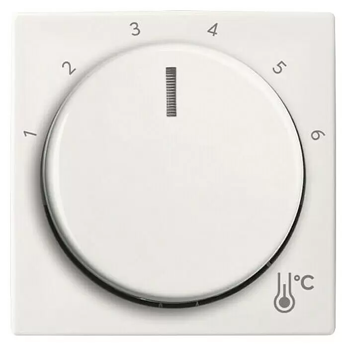Busch-Jaeger Balance SI Thermostat-Abdeckung 1794R-914 - Alpinweiß glänzend, Glänzend, Kunststoff, Unterputzmontage - Weißes Kunststoff-Thermostatrad mit Zahlen 1-6, vertikaler Anzeige und Celsius-Thermometersymbol auf quadratischer Basis.