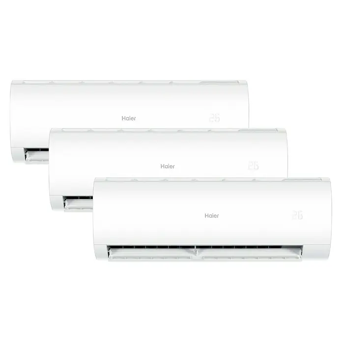 Haier Aire acondicionado Inverter 3x1 Perla - 3.500 W, 3.500 W, 35 m², Blanco - Aires acondicionados Haier: Tres aires acondicionados blancos Haier, escalonados, mostrando la tecnología de refrigeración moderna para tu hogar.