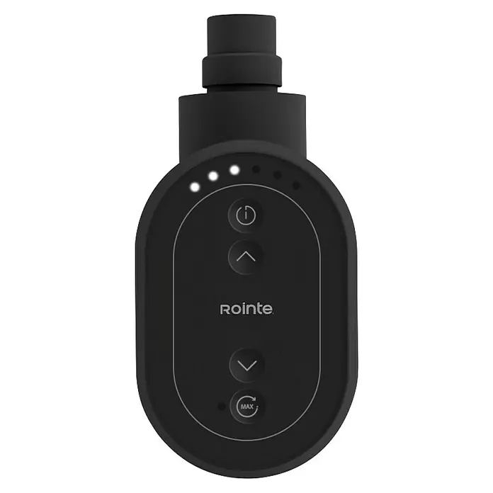 Rointe Radiador toallero eléctrico Elba Oval Wifi - An x Al: 50 x 77 cm, 300 W, Negro, WiFi - Primer plano de un controlador de radiador Rointe negro con botones e indicadores LED para el ajuste de temperatura.