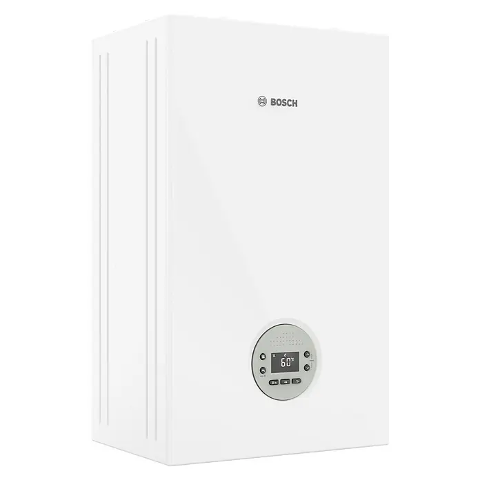 Bosch Caldera de gas Condens GC 1200 WC 24/30 - 30 kW, 6 l, Gas natural, Display multifunción - Representación de una caldera blanca de Bosch, que proporciona una solución de calefacción confiable y eficiente para su hogar, garantizando confort.