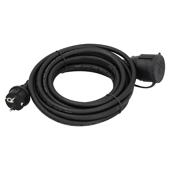 Profi Depot Verlängerungskabel - 5 m, Schwarz, IP44, H07RN-F - Schwarzes, aufgerolltes Gummi-Verlängerungskabel mit Schukostecker und -kupplung.
