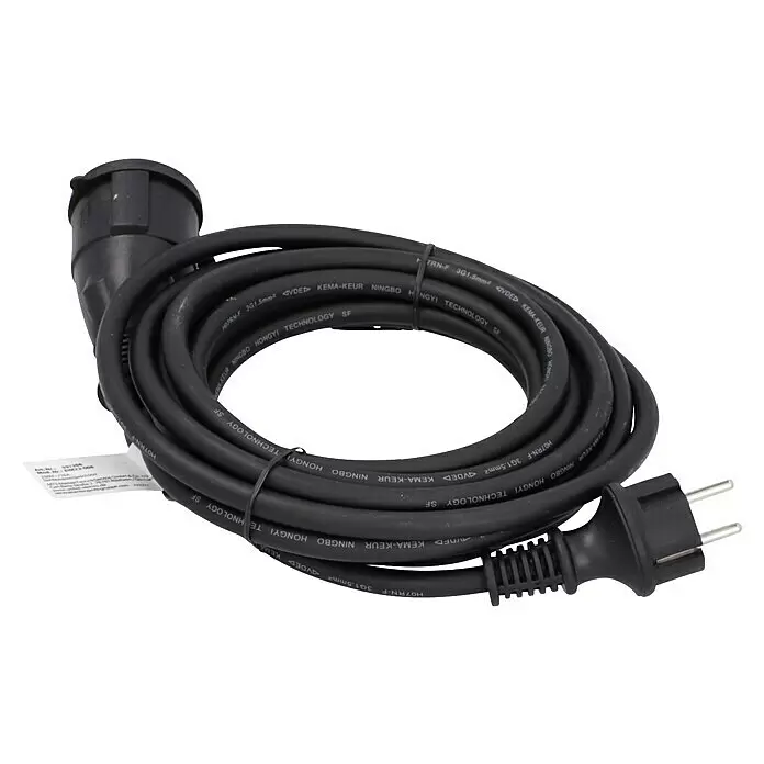 Profi Depot Verlängerungskabel - 5 m, Schwarz, IP44, H07RN-F - Schwarzes aufgerolltes H07RN-F Verlängerungskabel mit Schukostecker und -kupplung.