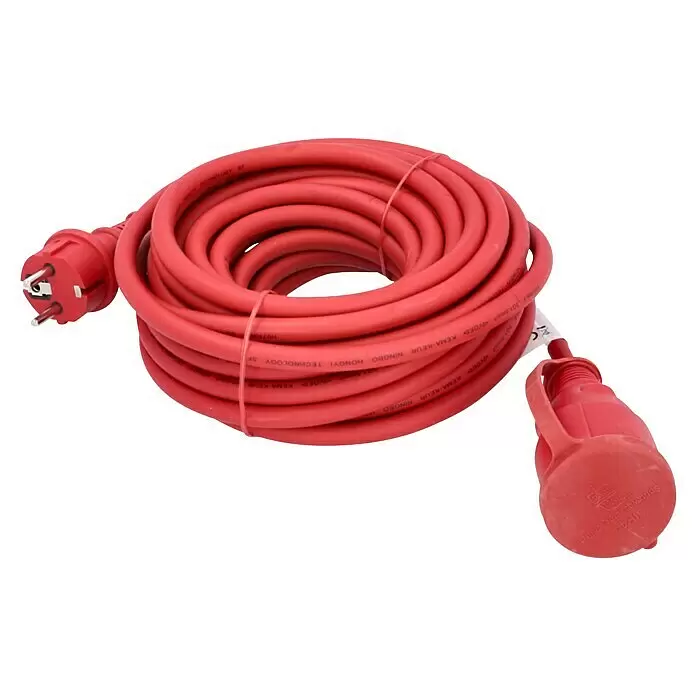 Verlängerungskabel - 10 m, Rot, IP44, H07RN-F - Aufgerolltes rotes Verlängerungskabel mit Schuko-Stecker und Schuko-Kupplung mit Kappe.