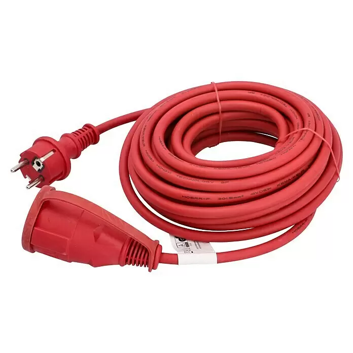 Voltomat Verlängerungskabel - 10 m, Rot, IP44, H05RR-F - Rotes aufgerolltes Verlängerungskabel mit Schukostecker und Buchse.