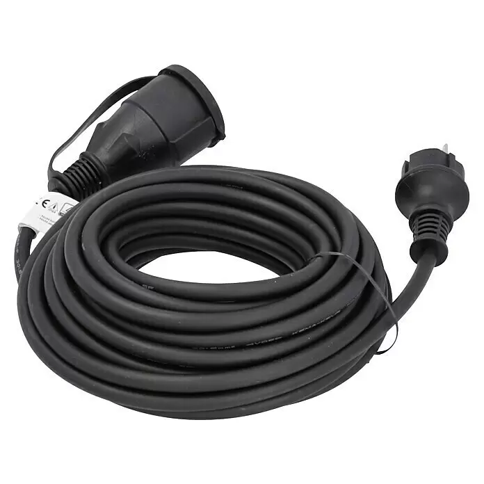 Voltomat Verlängerungskabel - 10 m, Schwarz, IP44, H05RR-F - Schwarzes aufgerolltes Verlängerungskabel mit Stecker und Buchse.