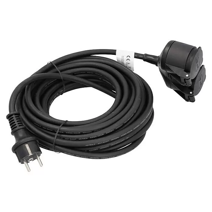 Voltomat Verlängerungskabel - 10 m, Schwarz, IP44, H07RN-F - Schwarzes aufgerolltes Verlängerungskabel mit Schukostecker und doppelter Schukosteckdose.