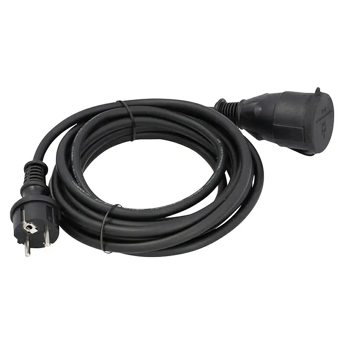 Verlängerungskabel - 5 m, Schwarz, IP44, H05RR-F - Schwarzes Verlängerungskabel mit Stecker und Kupplung, ideal für den flexiblen Einsatz im Innen- und Außenbereich. Robuste Ausführung.