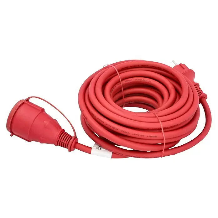 Verlängerungskabel - 10 m, Rot, IP44, H07RN-F - Rotes, aufgerolltes Verlängerungskabel mit Stecker und Kupplung.