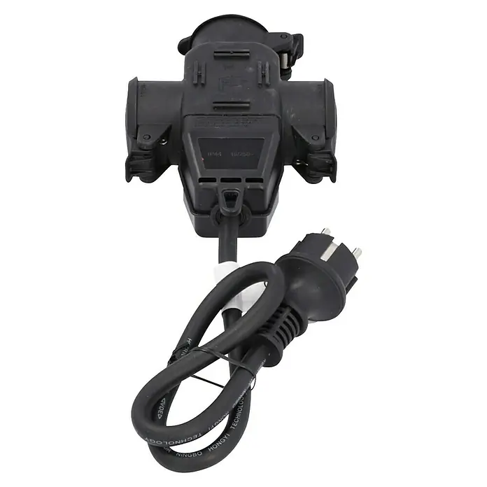Voltomat Verlängerungskabel - 0,5 m, Schwarz, IP44, H07RN-F - Schwarzer dreifacher Stromverteiler mit Stecker, ideal für den Einsatz im Freien. IP44-Schutz garantiert Sicherheit bei jedem Wetter.
