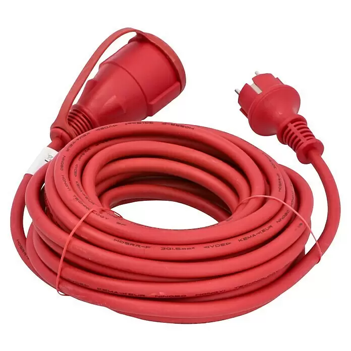 Voltomat Verlängerungskabel - 10 m, Rot, IP44, H05RR-F - Aufgerolltes rotes Industrie-Verlängerungskabel mit CEE-Stecker und -Kupplung.