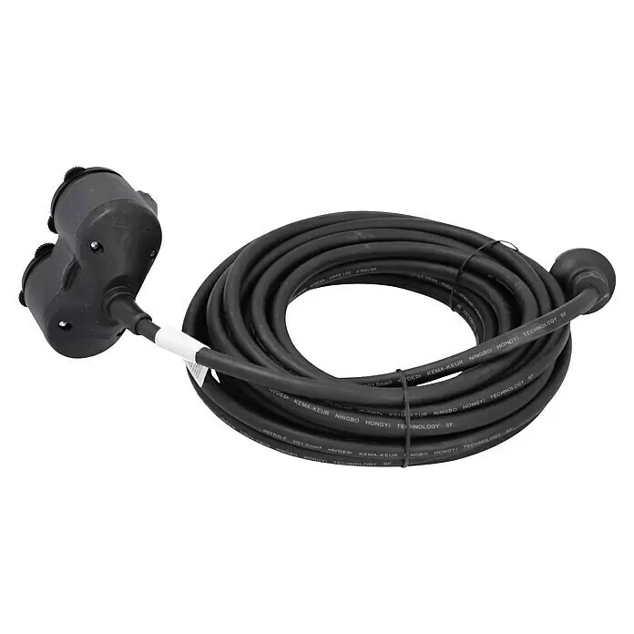 Voltomat Verlängerungskabel - 10 m, Schwarz, IP44, H07RN-F - Schwarzes Verlängerungskabel mit Spule und schwarzem Doppeladapter am einen Ende, zur Stromverteilung.