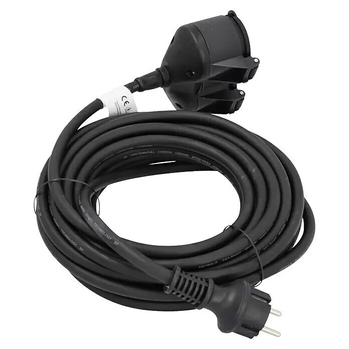 Voltomat Verlängerungskabel - 10 m, Schwarz, IP44, H07RN-F - Schwarzes, aufgerolltes Gummi-Verlängerungskabel mit Schuko-Stecker und -Kupplung.