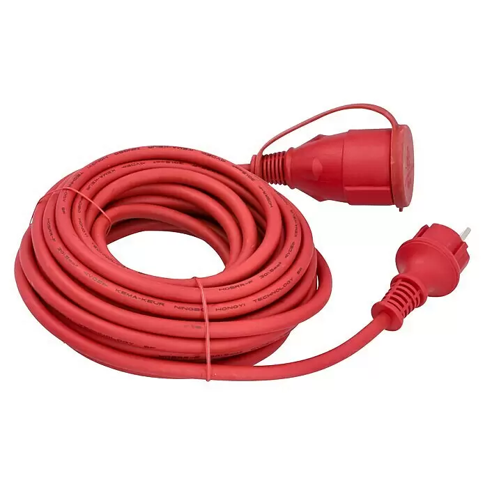 Voltomat Verlängerungskabel - 10 m, Rot, IP44, H05RR-F - Rotes aufgerolltes Starkstrom-Verlängerungskabel mit Stecker und Kupplung.