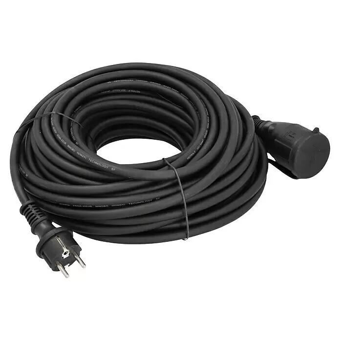 Profi Depot Verlängerungskabel - 25 m, Schwarz, IP44, H07RN-F - Schwarzes aufgerolltes Verlängerungskabel mit Stecker und Kupplung.