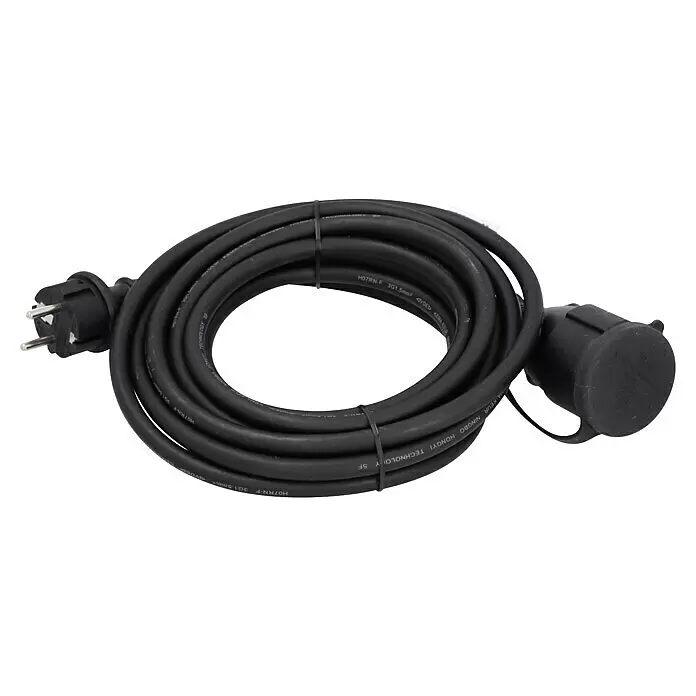 Profi Depot Verlängerungskabel - 5 m, Schwarz, IP44, H07RN-F - Aufgerolltes schwarzes H07RN-F Starkstromkabel mit Stecker und Schutzkontaktkupplung mit Kappe.